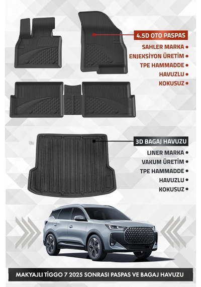 Chery Tiggo 7 Makyajlı 2025 Ve Sonrası Uyumlu 4.5d Premium Havuzlu Oto Paspas Ve Liner Bagaj Havuzu