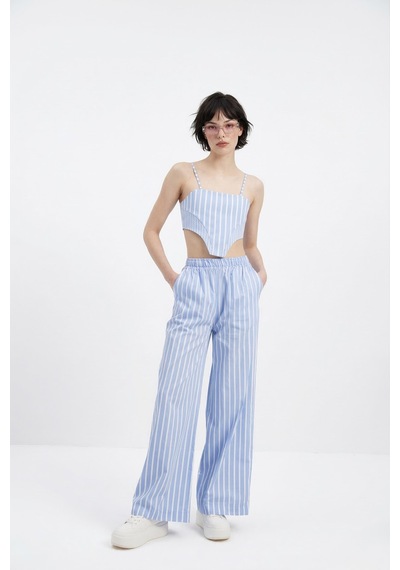 Holly Lolly Beli Lastikli Çizgili Harmony Poplin Pantolon Mavi