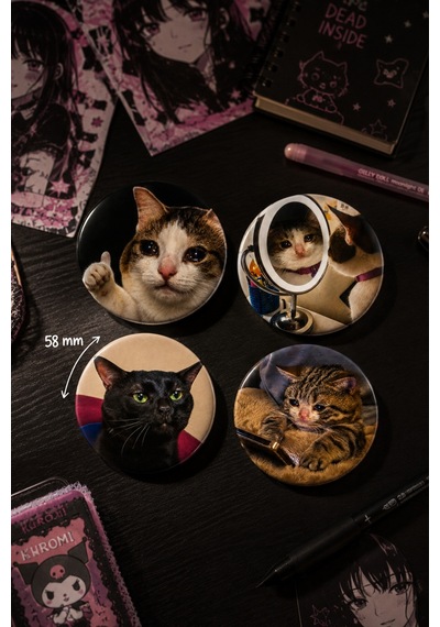 Mashspot Komik Kedi Rozet Seti 4'lü 1, 58 Mm Cat Meme Rozetleri, Çanta Ve Kıyafet Rozeti Çok Renkli