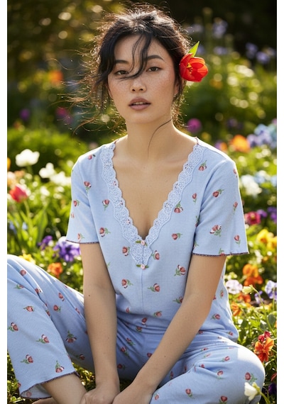 Siyah İnci Dantelli Bürümcük-krınkıl Kısa Kollu Pijama Takım 26120727 mavi