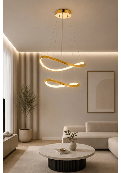 Modern Premium 2'li Gold Halka 3 Renkli Ledli Sarkıt Avizesi Salon Mutfak Oturma Odası Modelleri 48w Beyaz