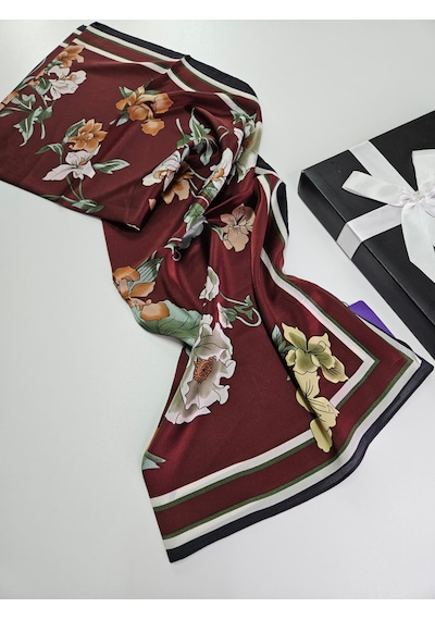 Miorel Scarfs Yeni Sezon Çiçek Desen Vual İpek Şal Fular Silk Scarfs Shawl Hijab Bordo