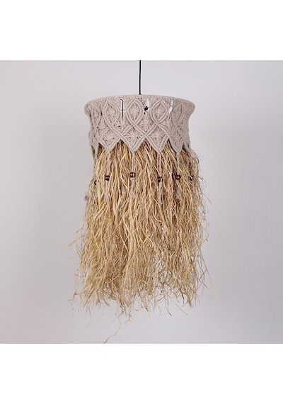 Bohem Etnik Doğal Hasır Doğal Rafya Bambu & Rattan Handmade Dekoratif Sarkıt Saçaklı Avize 40x75cm-9002824388266 Bej