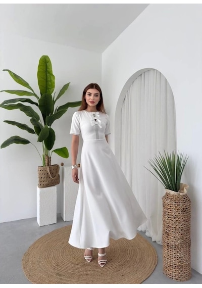 Defymoda Wera Taşlı Fiyonk Detaylı Elbise Beyaz