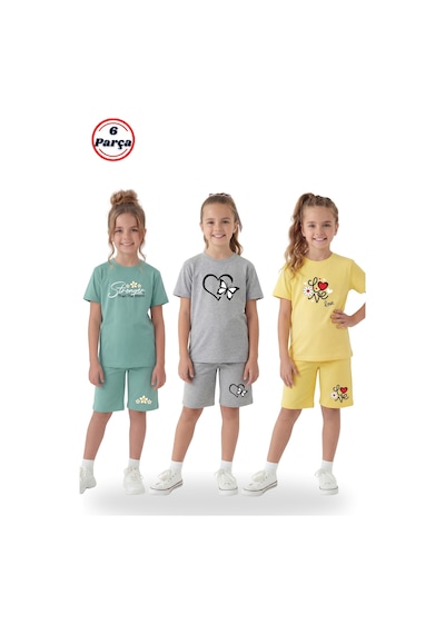 Fyk Kids 3'lü Yuvarlak Yaka Tişört Renkli Kapri Baskı Detaylı 6 Parça Kız Çocuk Alt Üst Takım Açık Mint