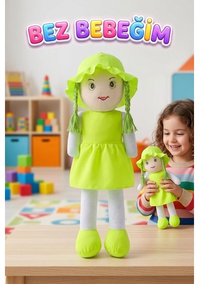 Ayşe Bebek 58cm Dev El Yapımı Renkli Şapkalı Ve Elbiseli Oyun Arkadaşı Oyuncak Bez Bebek Yeşil