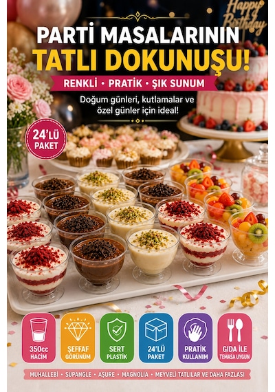 24'lü 350 Cc Şeffaf Sert Plastik Tatlı Kasesi Kullan At Parti Davet Aşure Muhallebi Sunum Kase Seti