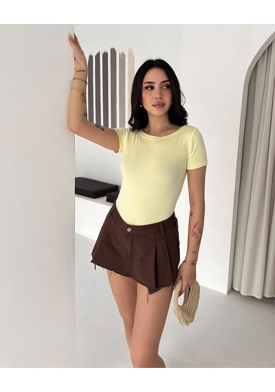 Elaxi Kadın Kısa Kollu Kayık Yaka Buzy Kumaş Tişört Sarı