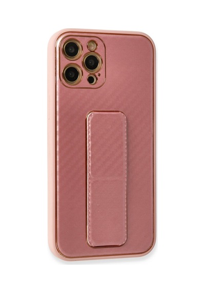 Newface Apple Uyumlu iPhone 12 Pro Kılıf Coco Karbon Standlı Kapak - Pembe Pembe