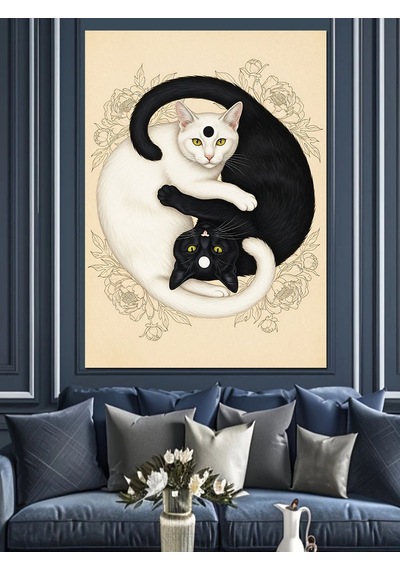 Ahşap Tablo Yin Yang Kedi Felsefesi Çocuk Odası Tabloları