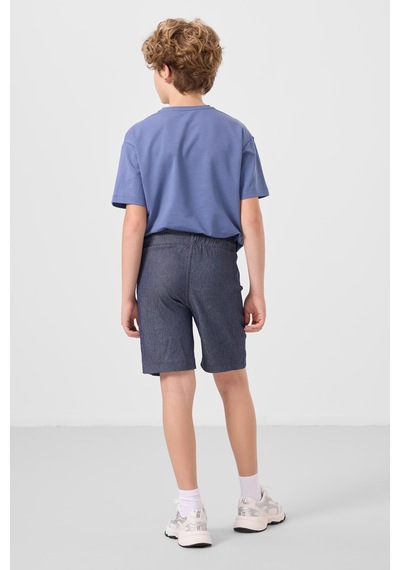 Koyu Mavi-kot Lacivert Pamuklu Oversize Fit Dokuma Hafif Esnek Chino Erkek Çocuk Şort Takım - 11275 Koyu Mavi