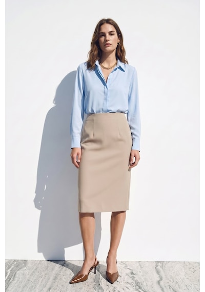 Sateen Düz Kalem Etek - Koyu Bej-137399