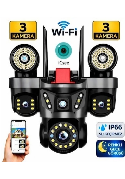 İcsee App 3 Kameralı Ve Projektörlü Wifi Ptz Kamera 3+3+3 Mp