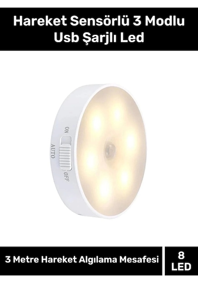Özel Üretim Mıknatıslı 3 Mod Pratik Hareket Sensörlü 8 Ledli Usb Şarjlı Beyaz Işık Gece Lambası
