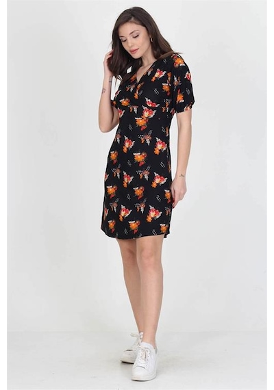 Neşeli Butik Kadın Kruvaze Yaka Çiçek Desenli Örme Krep Mini Elbise Nb10022 Siyah