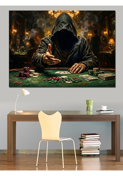 Poker Masasında Gizemli Kumarbaz Figürü Dekoratif Kanvas - Mdf Ahşap Tablo