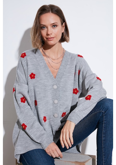 Lela Oversize Fit Çiçekli Düğmeli V Yaka Soft Akrilik Bayan Hırka 4616192 Açık Gri