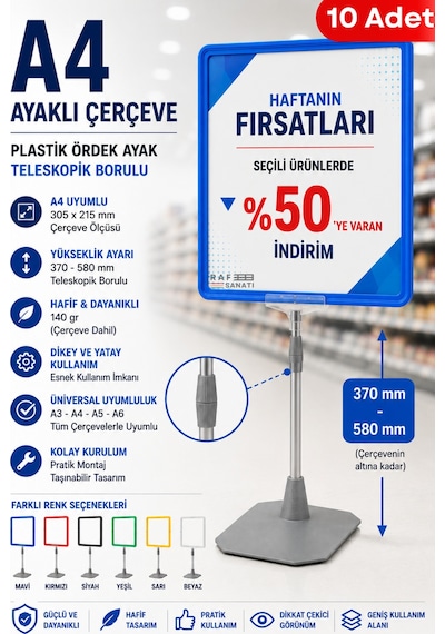 10 Adet - A4 Ayaklı Fiyat Etiketlik Teleskopik Borulu Çerçeve Etiketlik Yönlendirme Levhası Menü Panosu Mavi