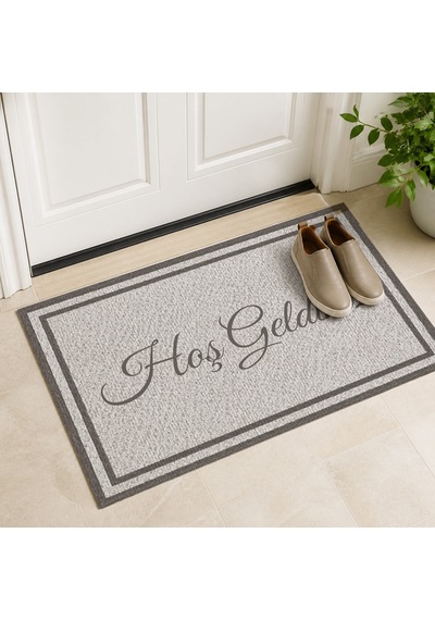 Kartela Halı Hoş Geldiniz Yazılı Çift Çerçeveli Kapı Paspası Açık Gri Kaymaz Kauçuk Taban 60x90 Cm