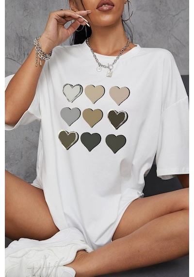 Unisex Kalp Baskılı T-shirt Beyaz