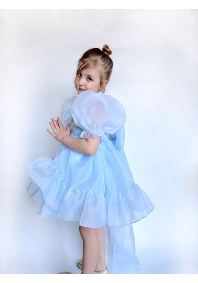 Linola Baby Kids Puffy Şifon Kız Çocuk Parti Elbisesi Mavi