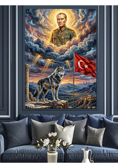 Atatürk'ün Bozkurtla Birlikte Portresi Dekoratif Kanvas - Mdf Ahşap Tablo