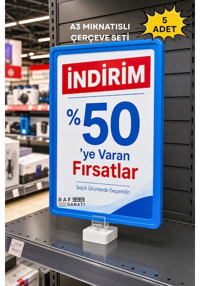 5 Adet - A3 Mavi Güçlü Mıknatıslı Fiyatlık Etiketlik Dikey Yatay Afiş Fiyat Etiketi Çerçevesi Mavi 1