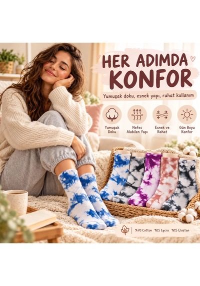 Teorastore Unisex Batik Spor Çorap 10'lu Set Tie Dye Tenis Çorabı Koyu Retro Renkler Günlük Rahat Konforlu Stil Çok Renkli
