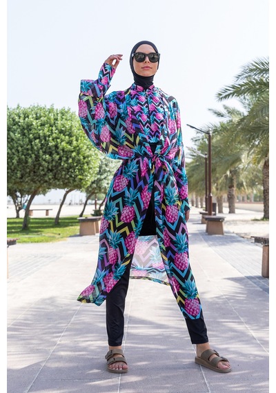 Remsa Mayo Remsa Tesettür Mayo Üzerine Tek Kaftan Kimono Pareo Rp018 Ananas Siyah