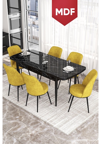 Canisa Concept Kor Serisi 70x114 MDF Açılabilir Mutfak Masası Takımı Siyah Mermer Desen Masa 6 Hardal Sandalye Canisa Concept Kor Serisi 70x114 MDF Açılabilir Mutfak Masası Takımı Siyah Mermer Desen Masa 6 Hardal Sandalye