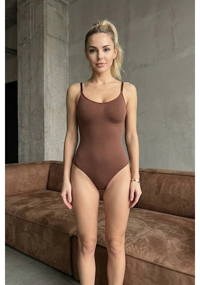 Fit Women Kadın Yüksek Bel Dar Kesim Streç Kahverengi Body