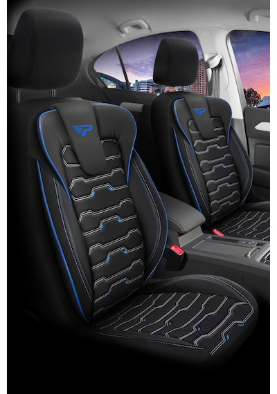 Siyah - Mavi Panda Sport Serisi Jakar Kumaş Oto Koltuk Kılıfı - Tam Set