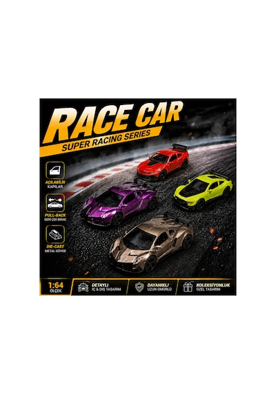 4'lü Die Cast Metal Spor Araba Seti Set 1 1:64 Ölçek - Açılır Kapı & Bagaj - Kutulu Koleksiyon Karışık Renk Ve Model
