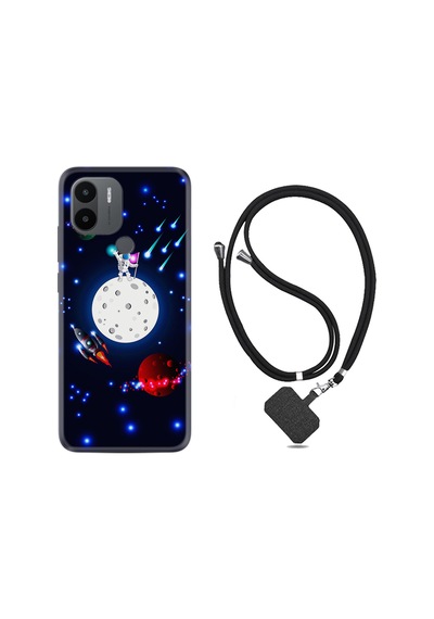 Xiaomi Redmi A1 Kılıf İpli Boyun Askılı Desenli Silikon Ay ve Astronot 1694