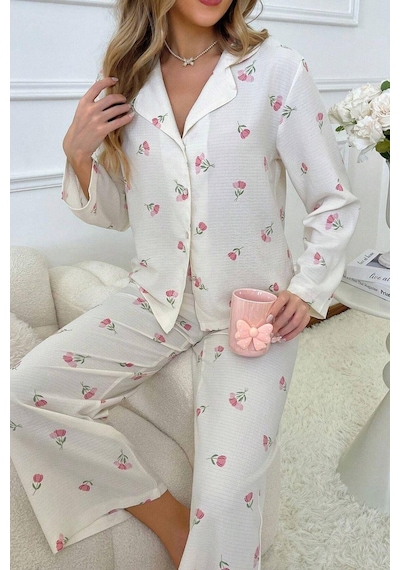 Bella Notte Kadın Ekru Çiçek Baskılı Kışlık Uzun Pijama Takımı