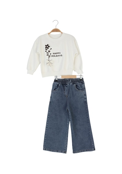 Erdem Kıds Kız Çocuk Bayramlık Günlük - Casual Geniş-bol Paça Palazzo Kot Pantolon-sweatshirt İkili Takım Beyaz Beyaz Erdem Kıds Kız Çocuk Bayramlık Günlük - Casual Geniş-bol Paça Palazzo Kot Pantolon-sweatshirt İkili Takım Beyaz Beyaz