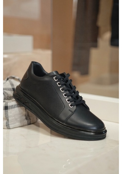 Enoch Hakiki Deri Günlük Bağcıklı Erkek Ayakkabı Jel Görünümlü Taban Sneaker Siyah