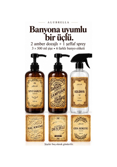 Alubrella 500 Ml 2 Amber Pompalı Ve 1 Şeffaf Sprey Boş Şişe Seti Ve Banyo Etiketleri