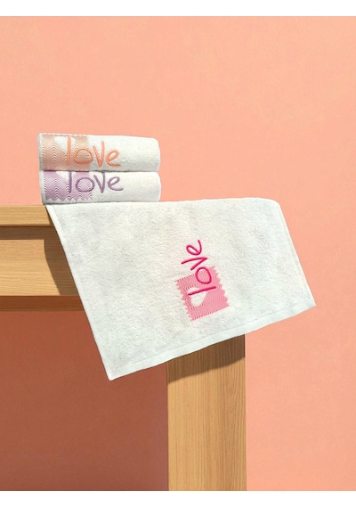 30x50 Cm Kadife 3lü Love Nakışlı Mutfak Havlusu El Havlusu Yüz Havlusu Seti Açık Krem