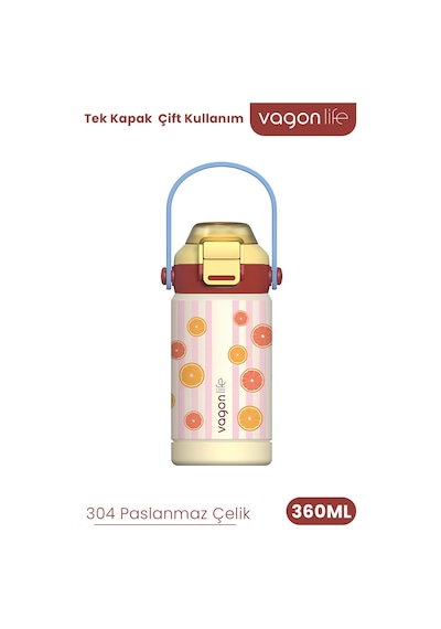 360 Ml Çocuk Termosu Tek Kapak Çift Kullanım Pipetli Rahat İçim Kulplu Paslanmaz Çelik Termos 1104-360ml Sarı