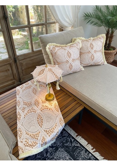Missidea Lace Elegance Dantel Desenli Dekoratif Masa Üstü Lambası Bali Şemsiyesi Seti Şemsiye + Runner + 2 Li Kırlent Kılıfı Krem