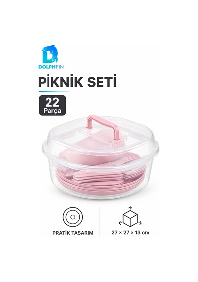 Piknik Seti 22 Parça 4 Kişilik Taşıma Kutulu Plastik Tabak Çatal Kaşık Seti Çok renkli