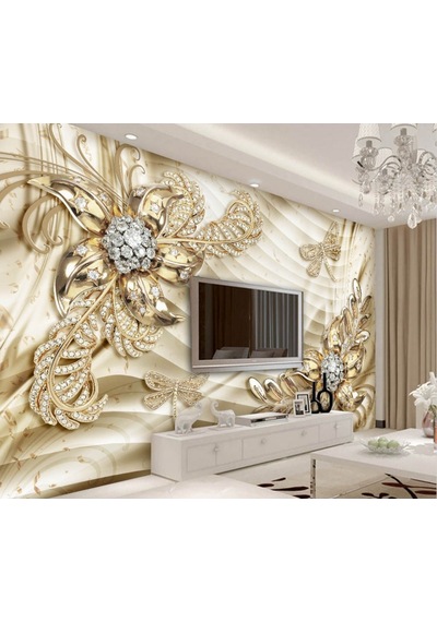 3 Boyutlu Çiçekler Gold Renk Duvar Kağıdı