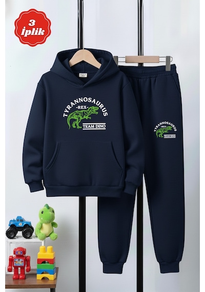 Fyk Kids 3 İplik Kapüşonlu Kanguru Cepli Kışlık Şardonlu Baskı Detaylı Erkek Çocuk Eşofman Takımı Lacivert