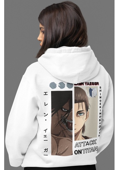 Sevbano Attack On Titan Eren Yeager Anime Sırt Baskılı Unisex Oversize Pe beyaz