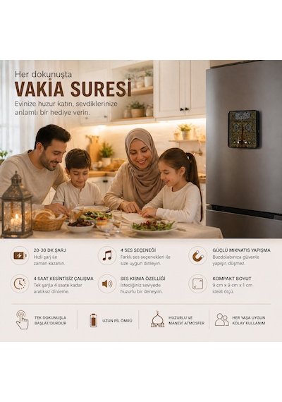 Vakıa Suresi Okuyan Buzdolabı Magneti Sesli İslami Dekor Şarjlı, 4 Saat Çalışma, Güçlü Mıknatıs Siyah