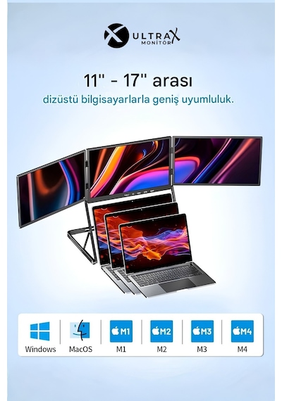 Ultrax 15.6" Üçlü Taşınabilir Monitör Katlanabilir Ayaklı Çoklu Ekran Full Hd Ips