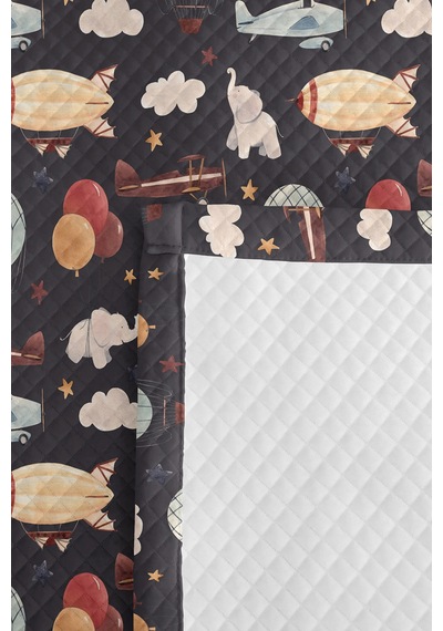Evimde Bambaşka Uçak Balon Lacivert Çocuk Odası Tek Kişilik Pike Takımı - Bulutlu Retro 160x220  CM Yatak Örtüsü