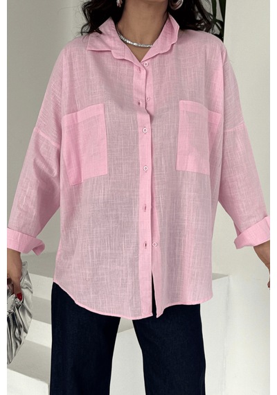 Paw Garage Kadın Harper Çift Cepli Oversize Keten Gömlek, 2025 Summer Collection Pembe