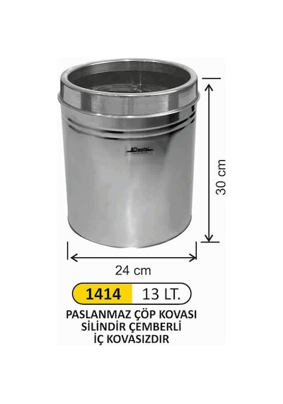 Ofis Tipi Çöp Kovası Paslanmaz Çemberli 13 Litre Çelik
